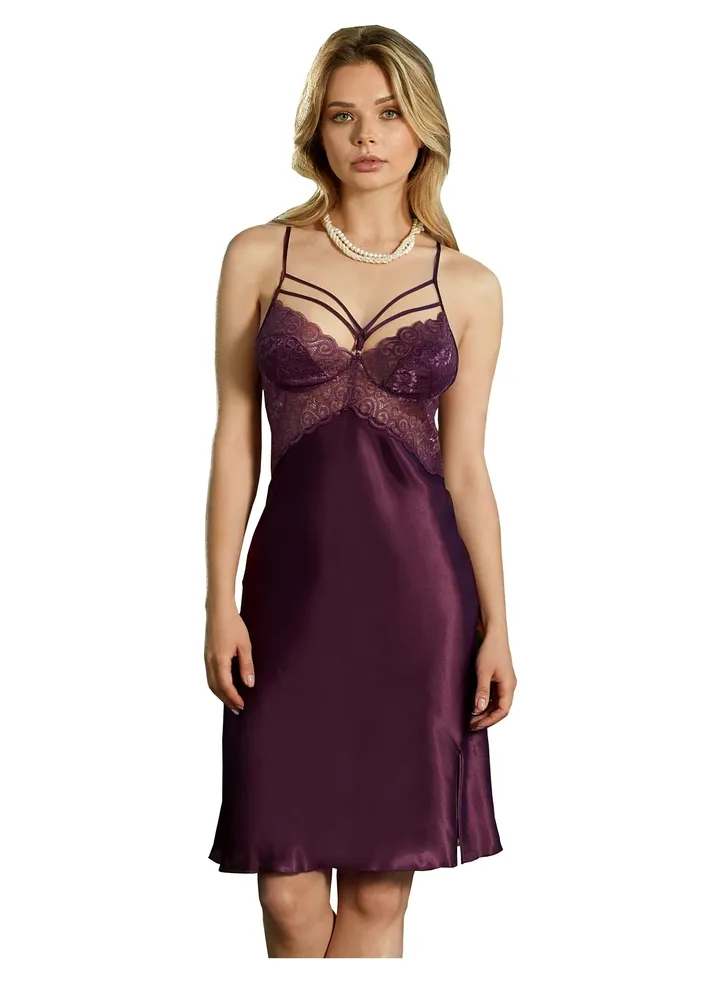 Turkish Satin Babydoll Nightgown Premium Plus Size Nightwear Backless Purple
