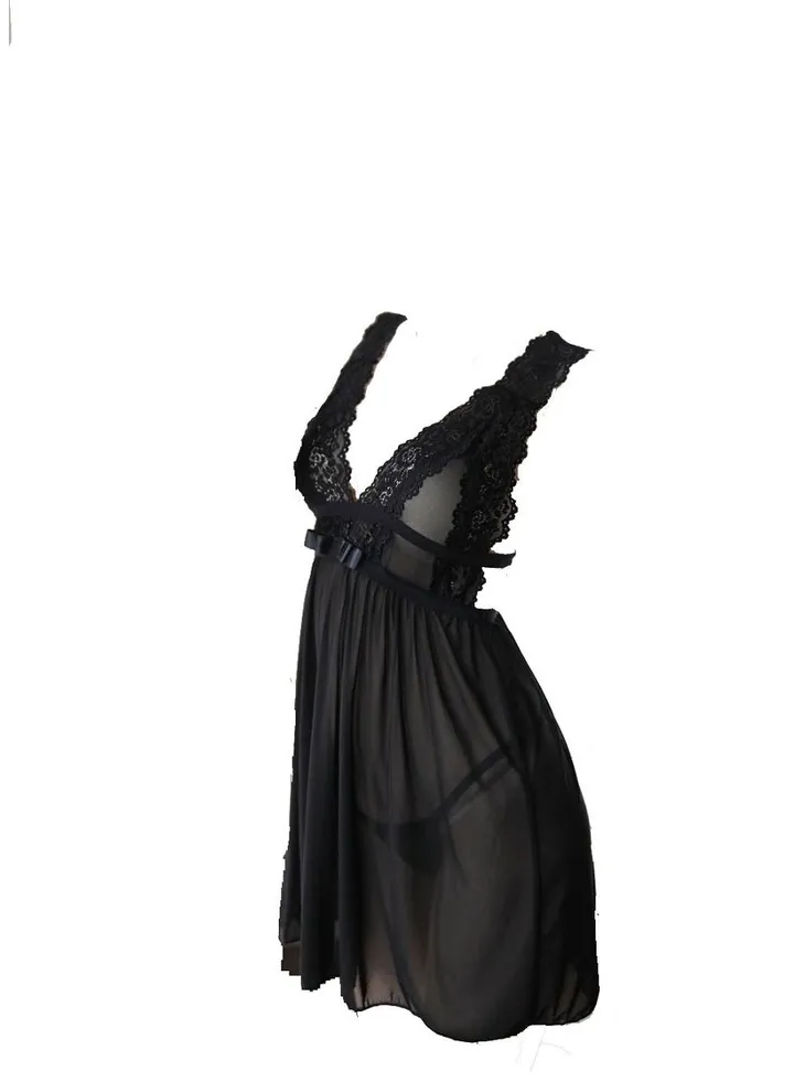 Women Lace Trim V Neck Sheer Mesh Babydoll Sleepwear dress.