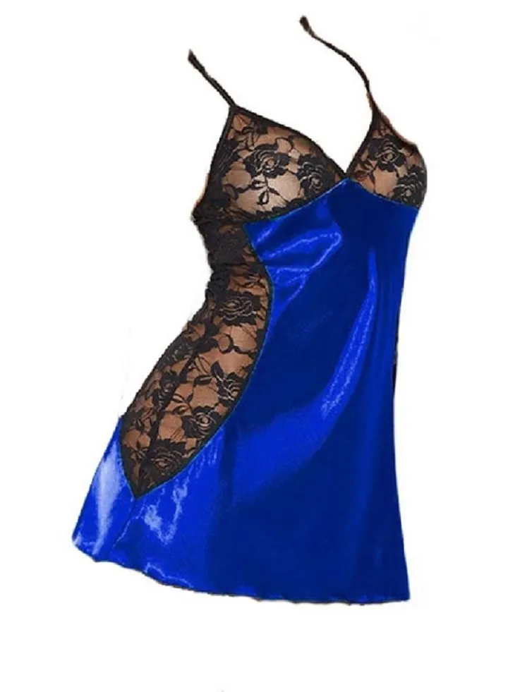 Women Lace Sheer Contrast Backless Sleepwear Night dress