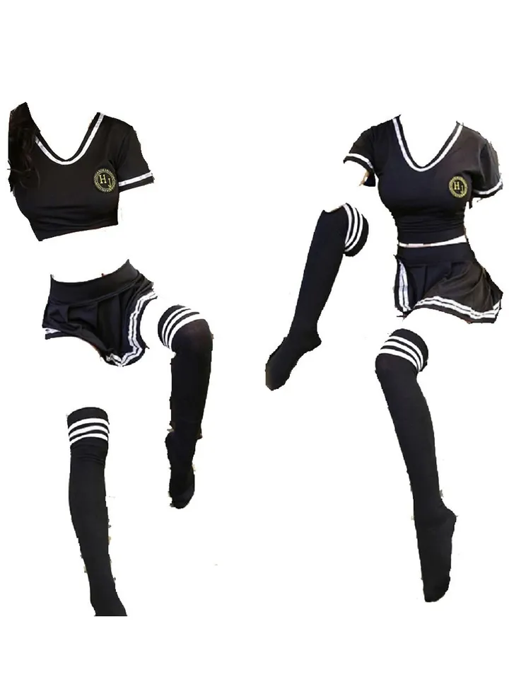 Women Pretend School Girl Role Play Costume Nightwear Top And Mini Skirt With Stockings