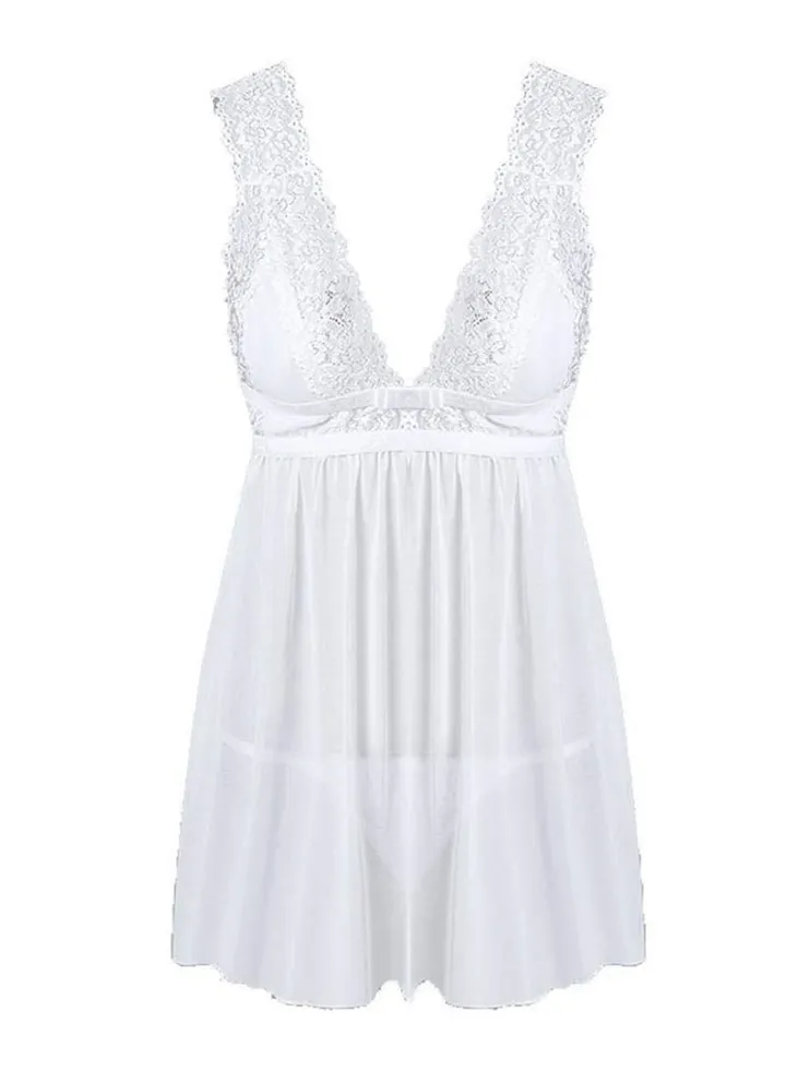 Women Lace Trim V Neck Sheer Mesh Babydoll Sleepwear dress