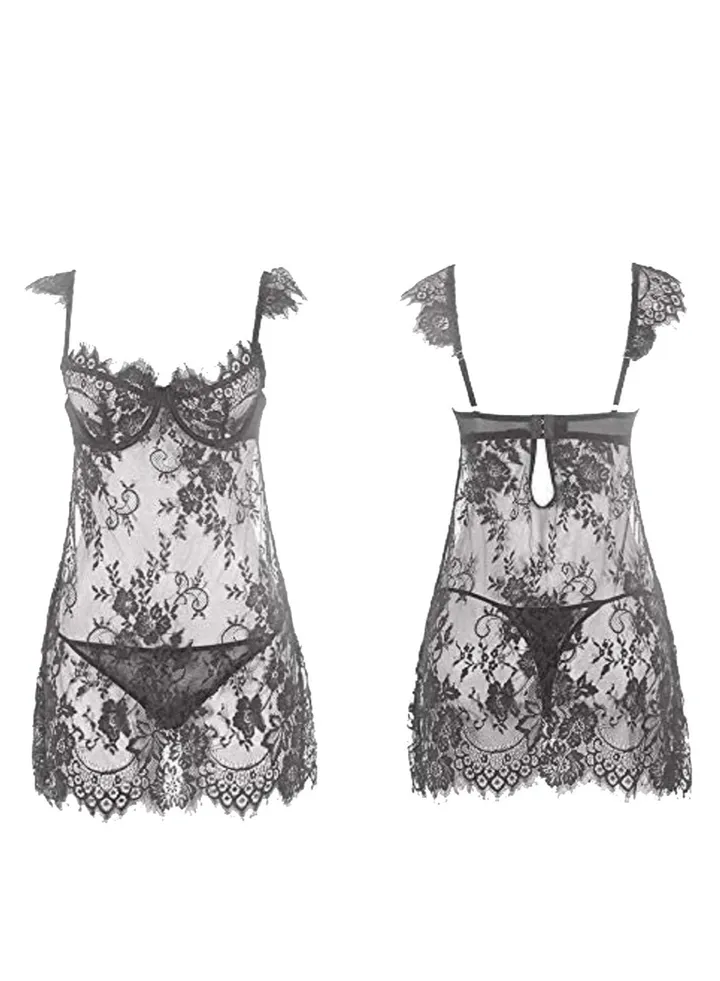 Women Babydoll Lingerie With Underwire Lace Chemise Sleepwear Lingerie Dress