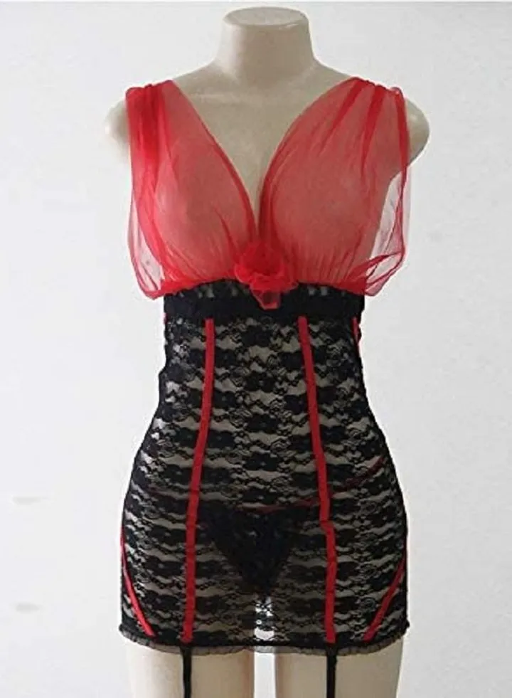 Women Floral Lace See Through Lingerie Night Wear Dress With Thong