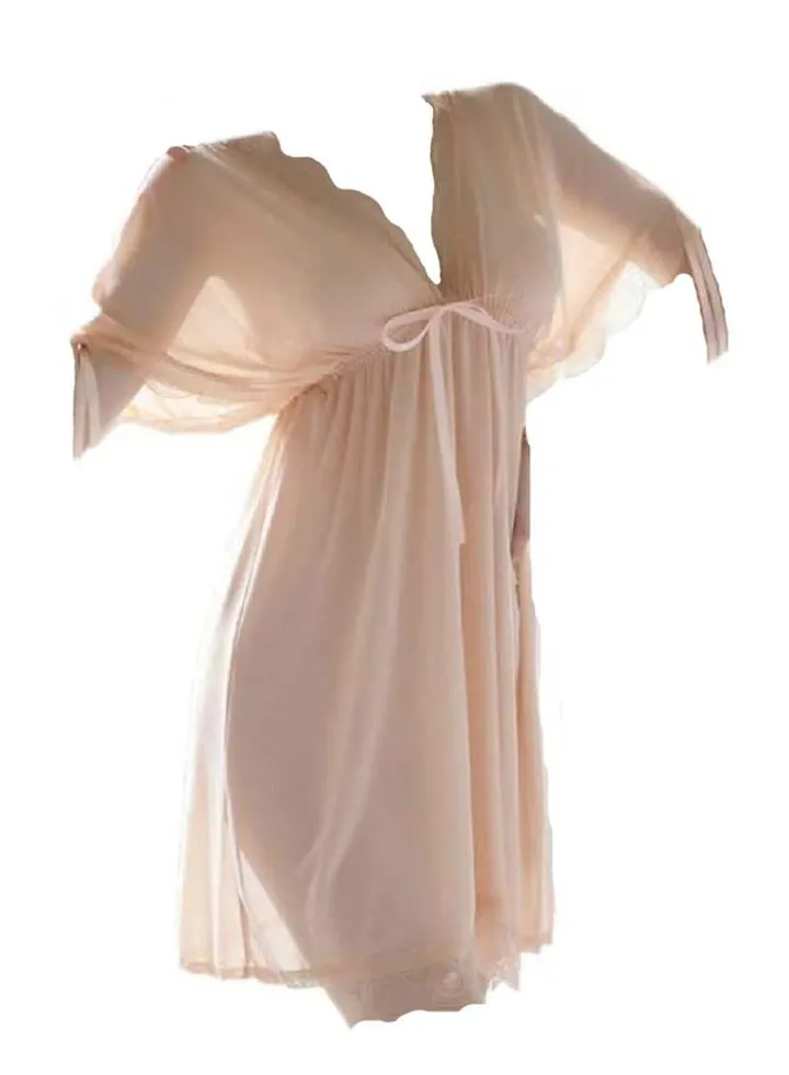 Loose Night Dress Lace Floral Wave Hemline Babydoll Lingerie Sleep Wear