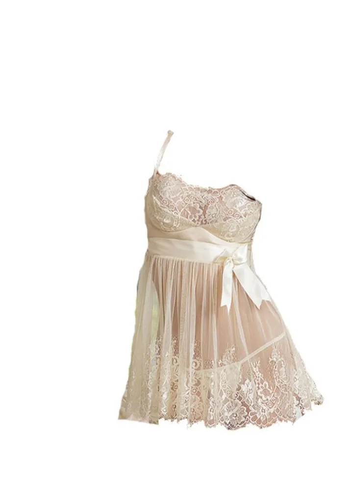 Women White Bridal Mesh Lace Crochet Sleepwear Dress .