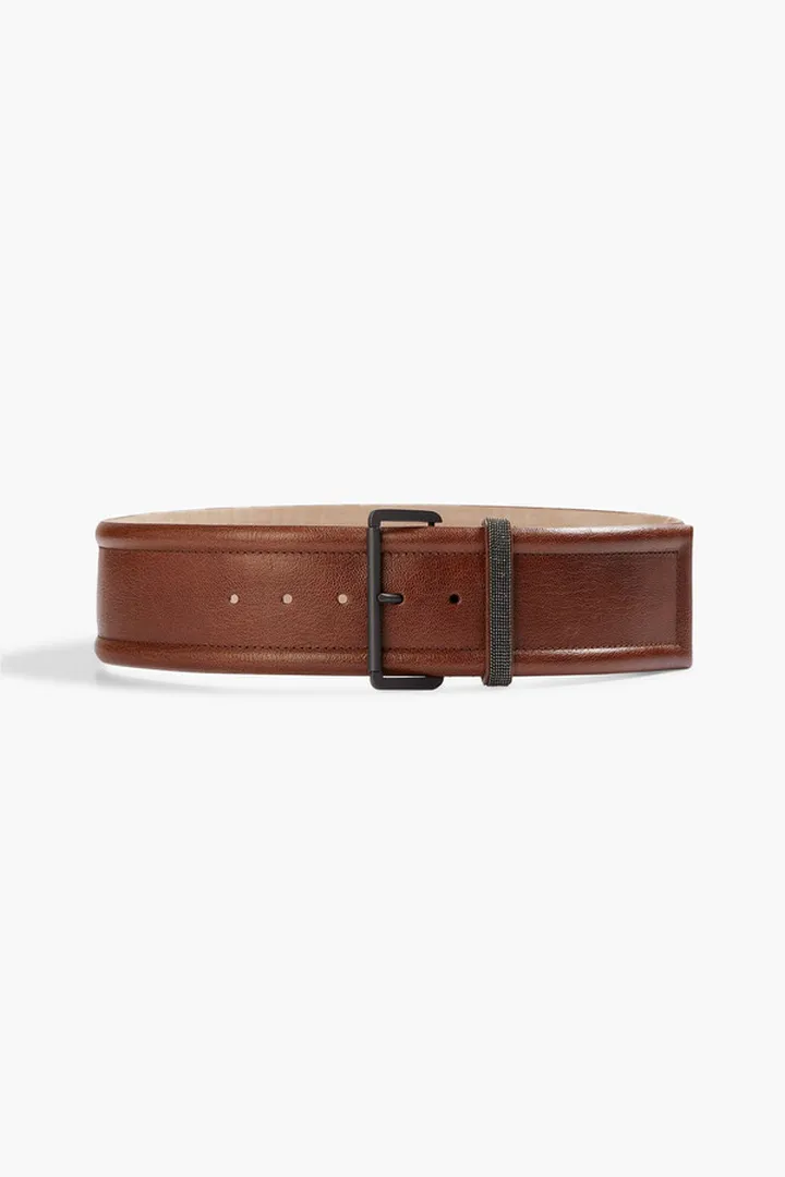 Bead-embellished textured-leather belt