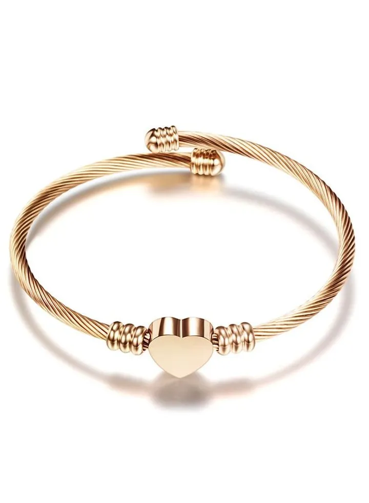 Stylish Stainless Steel Cable Bangle Bracelet, Wire Braided Bracelet, Love Heart Bangle for Women Jewelry(Rose Gold)