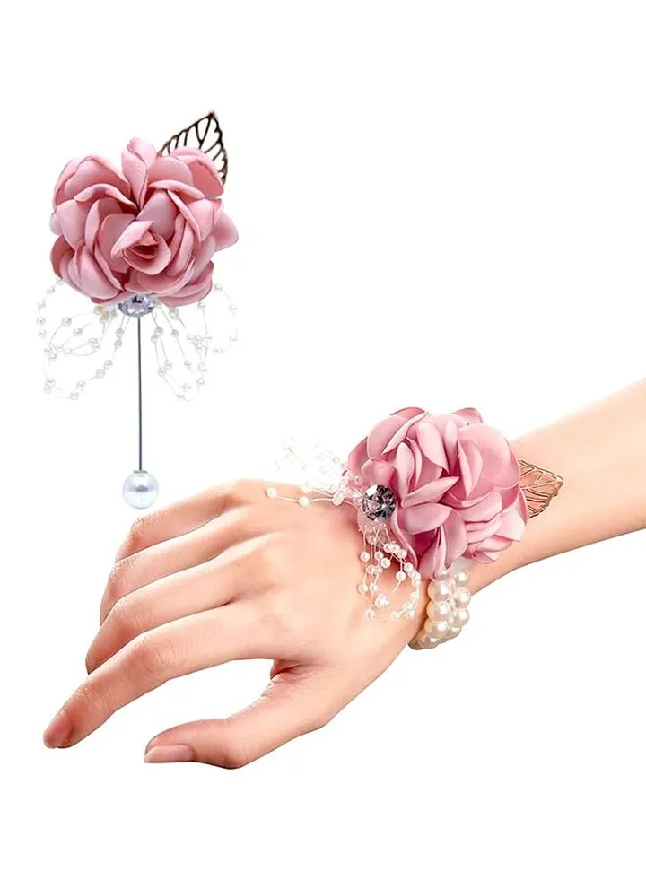 Rose Corsage Bracelet Set, 2 Pcs Floral Wedding Wrist Corsage With Rhinestone And Pearl