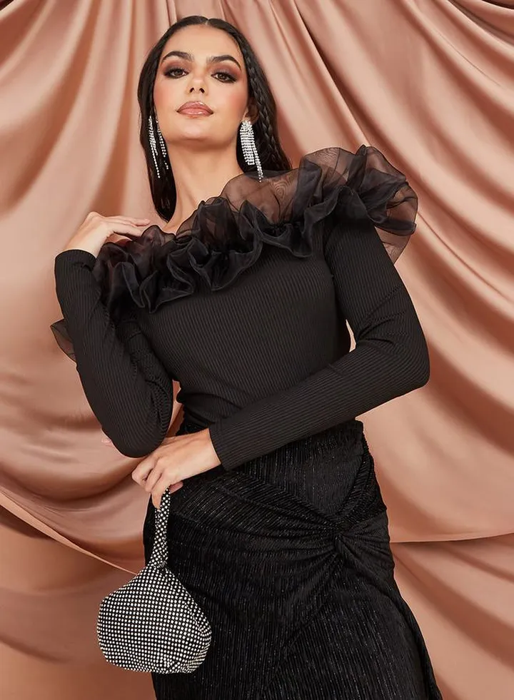 Off Shoulder Organza Ruffled Knit Top