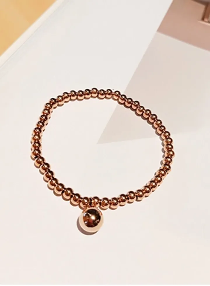 Titanium Steel Rose Gold Round Bead Elastic Rope Bracelet