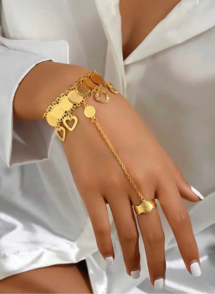 Luxury 21k Gold Plated Bracelet With Connected Ring For Women
