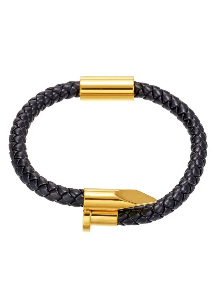 Stainless Steel Nail Bangle with Genuine Woven Leather Snapped Clasp