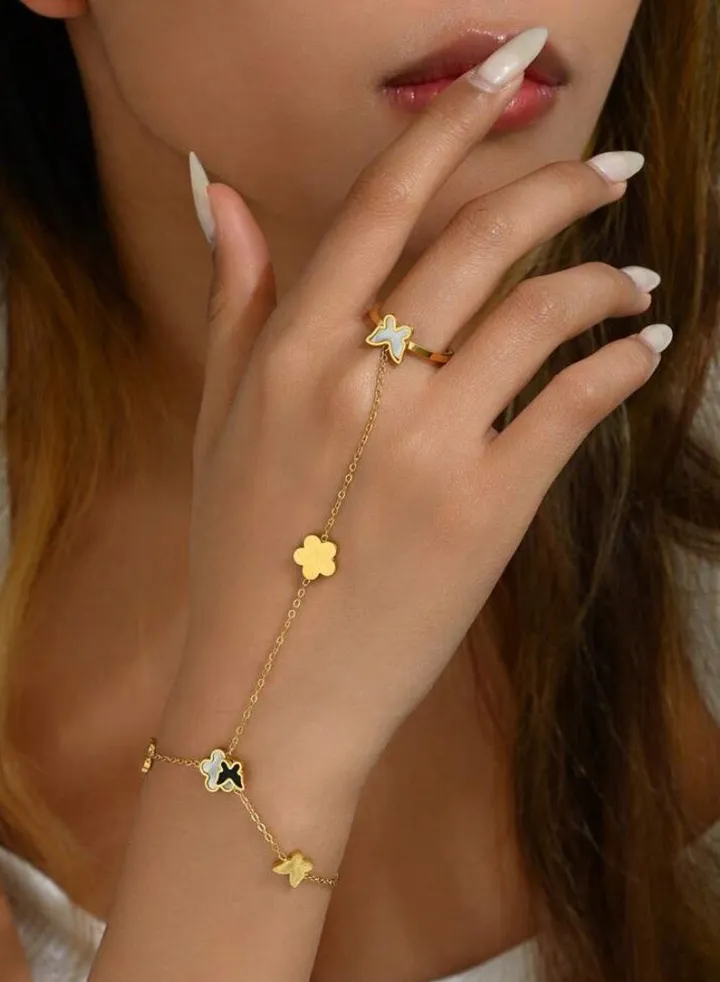 18k Gold Plated Stainless Steel Bracelet With Connected Ring For Women