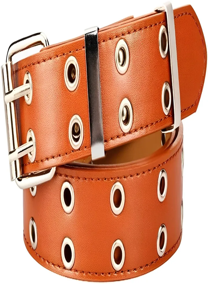 Leather Belt Double Row with Silver Grommet Holes & Buckle