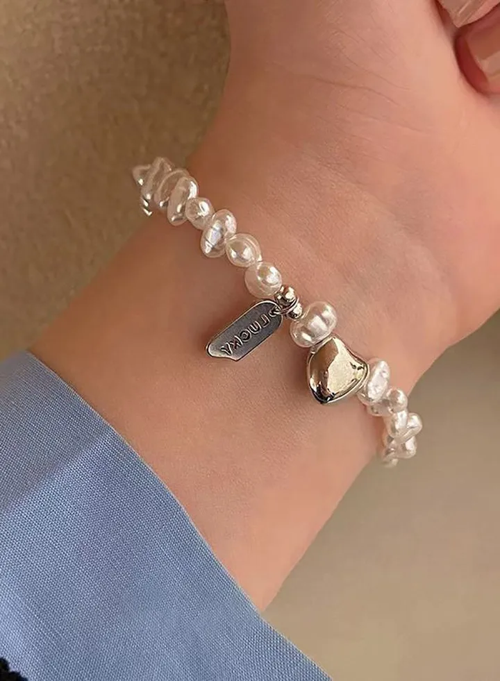 Heart Charm Faux Pearl Bracelet
