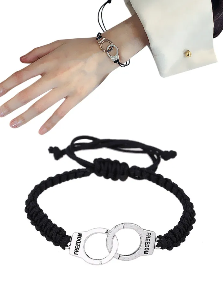 Personalized Couple Bracelet,Punk Braided Handcuffs Bracelet,Gift for Lover Stainless Steel Couple Bracelets for Women Men Anniversary Promise Gifts Bracelet Chain Fashion,Black/Silver