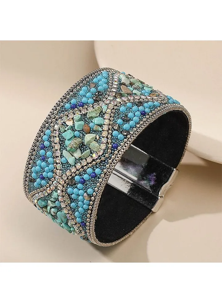 Handmade Bohemian Natural Stone Rhinestone Bead Bracelet Bangle for Women Teen Girl Boho Wrap Faux Leather Gravel Seed Wristband Bracelet Ethnic Summer Beach Jewelery