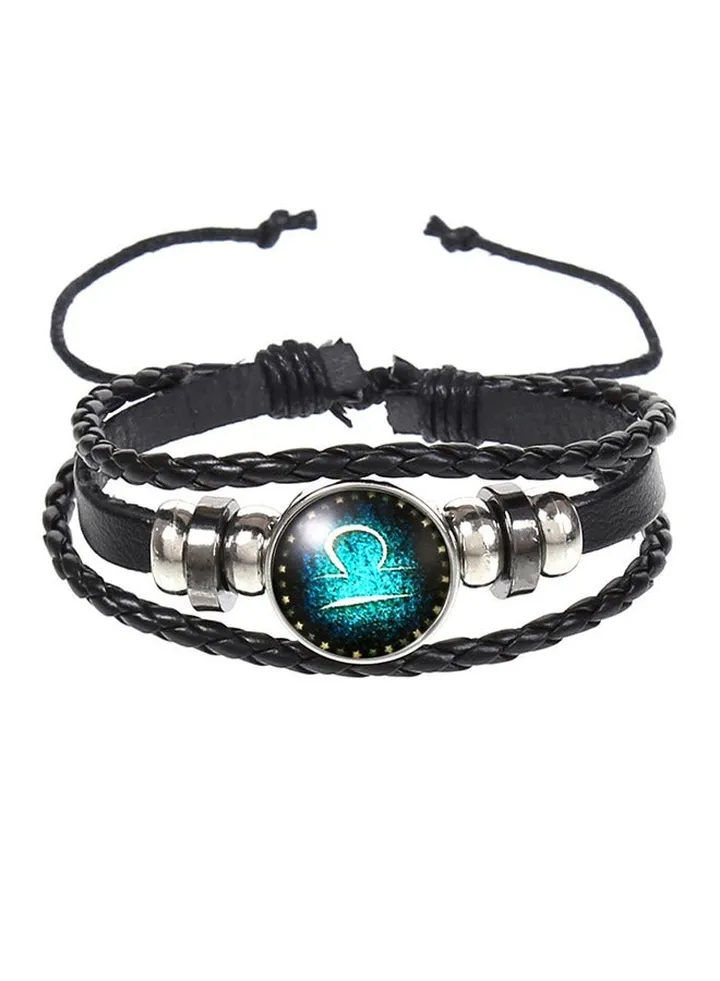 12 Zodiac Constellation Beaded Hand Woven Leather Bracelet Chain Cuff Leather Gemstone Studded Noctilucent Bracelet With for Women Men(Libra)