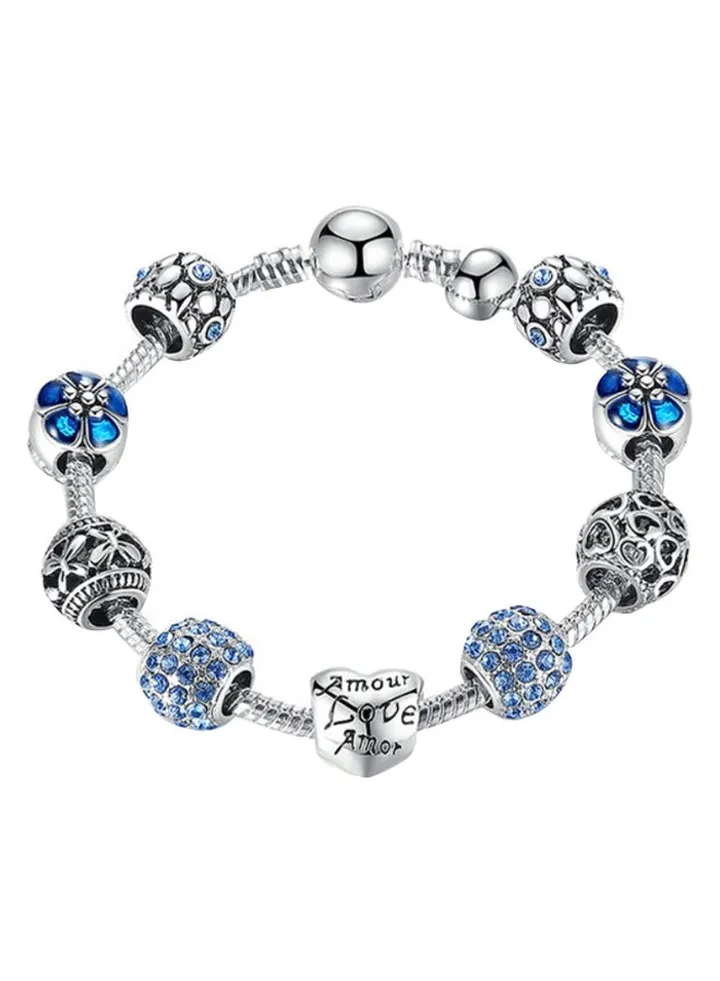Silver Plated Flower And Heart Charm Bracelet