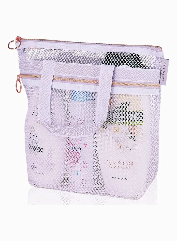 Portable Shower Tote, SYOSI Transparent Mesh Wash Bag, Cosmetic Bag, Travel Wash Bag, Shower Bag with Zipper & 2 Pockets, Ideal for Gym, Travel, Beach, for Sunscreen