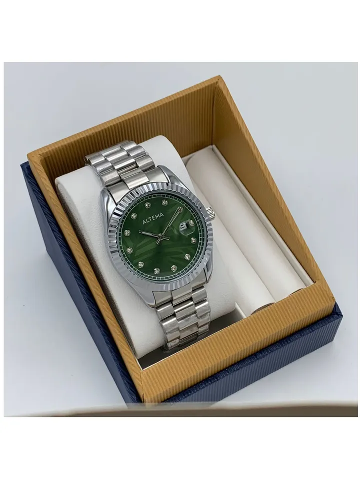 Silver watch with a green face