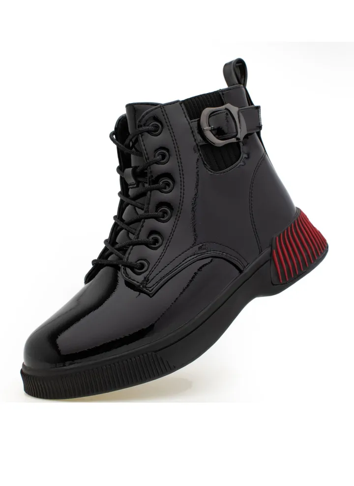Lucky Kids Boys Waterproof Patent Leather With Classic Lace Up Side Zipper And A Side Buckle For Kids/Adults