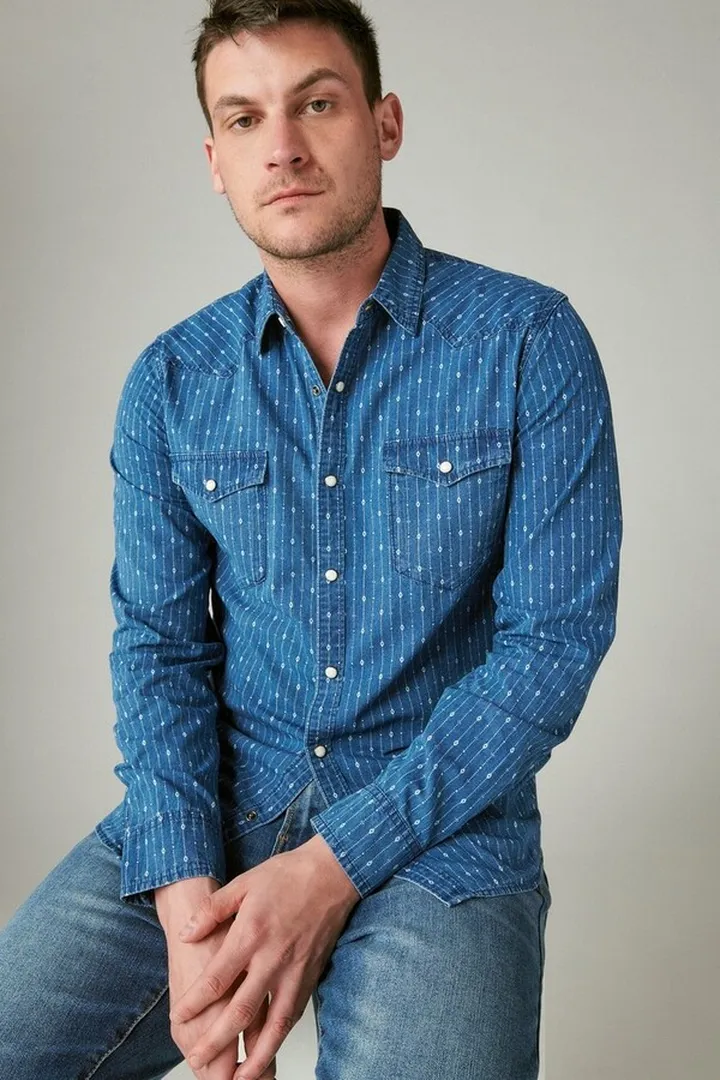 Printed Indigo Long Sleeve Western Shirt