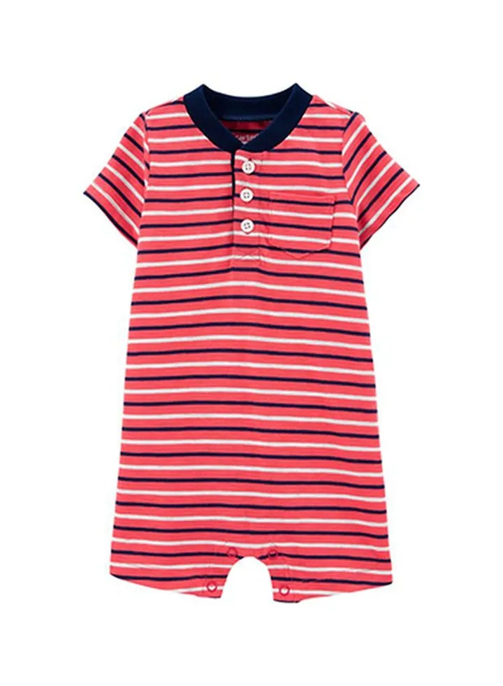 Striped Henley Romper Red