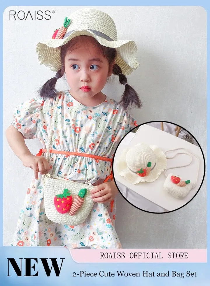 2-Piece Summer Children's Sunshade Hat Beach Sunscreen Straw Hat Straw Woven Fisherman'S Hat Purse Set Travel Holiday Lovely Hat Satchel