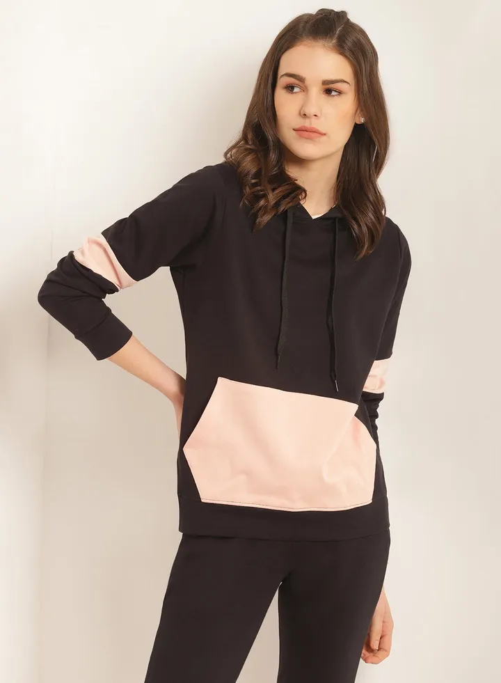 Colourblock Design Long Sleeves Hoodie With Pocket Black/Pink