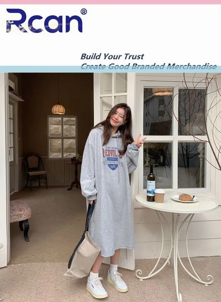 Women's Casual Long Sweatshirt One Size Pullover Long Sleeve Hoody Drawstring Split Hem Hoodie Dress For Women