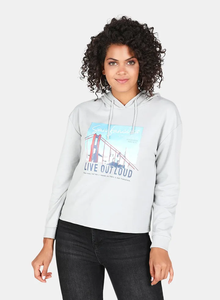 Live Out Loud Printed Hooded Neck Long Sleeve Hoodie Grey