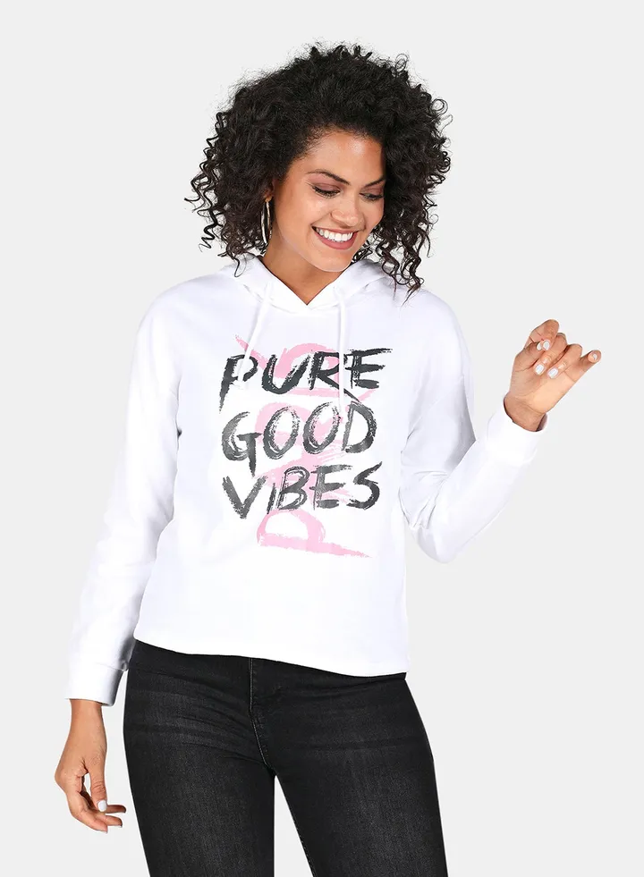 Pure Good Vibes Printed Hooded Neck Long Sleeve Hoodie White