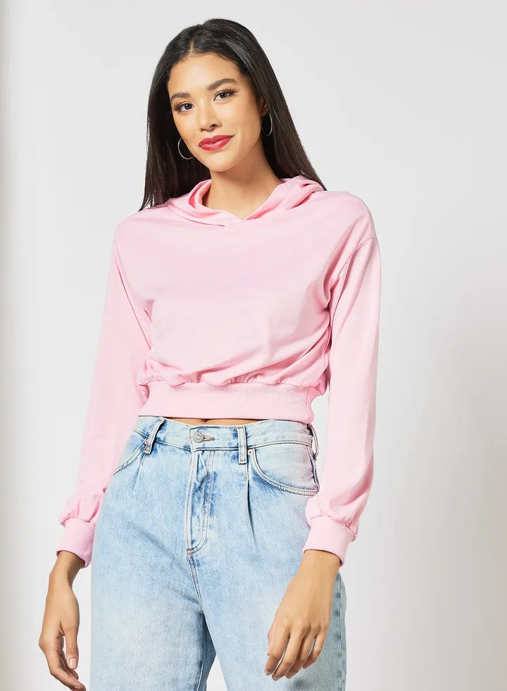 Solid Design Casual Wear Long Sleeve Hoody Pink