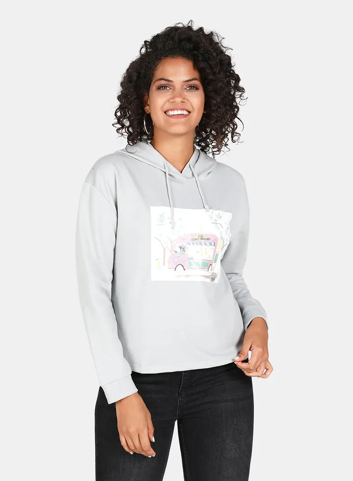 Graphic Printed Hooded Neck Long Sleeve Hoodie Grey