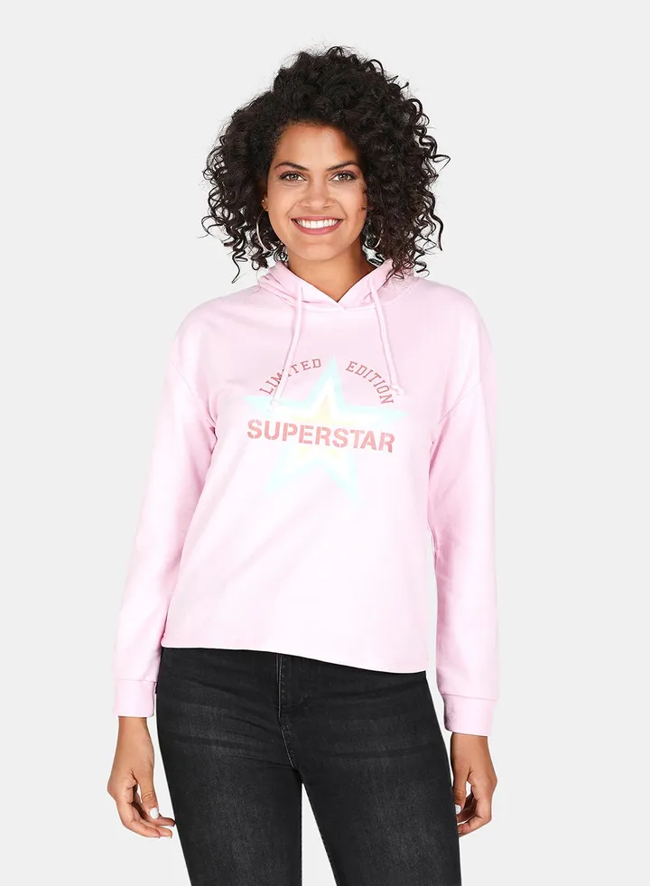Limited Edition Superstar Printed Long Sleeves Drawstring Detail Hoodie Light Pink