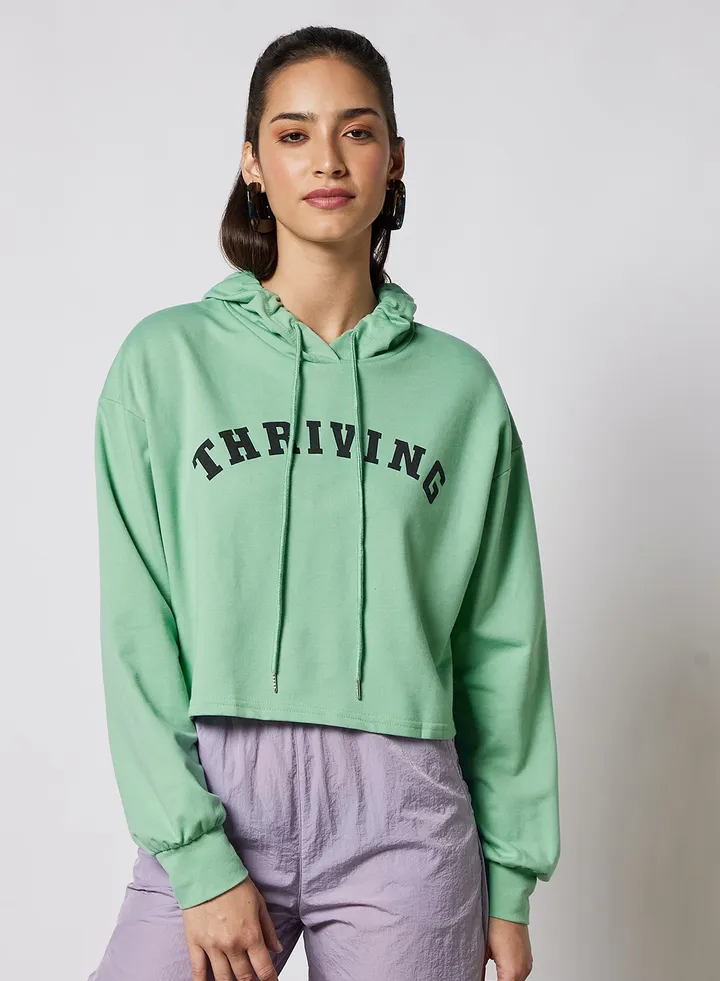 Solid Design Casual Wear Long Sleeve Hoody with Print Olive