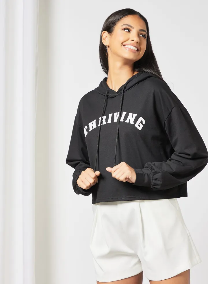 Printed Cropped Hoodie Black
