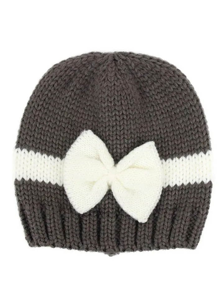 Warm Knitted Bowknot Beanie Grey/White