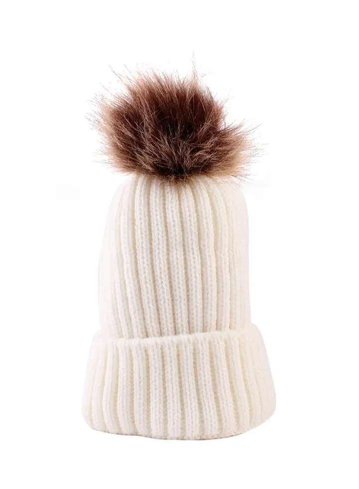 Cute Fluffy Ball Beanie White/Brown