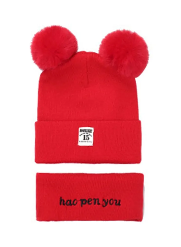 Knitted Winter Warm Beanie And Scarf Set Red/Black/White