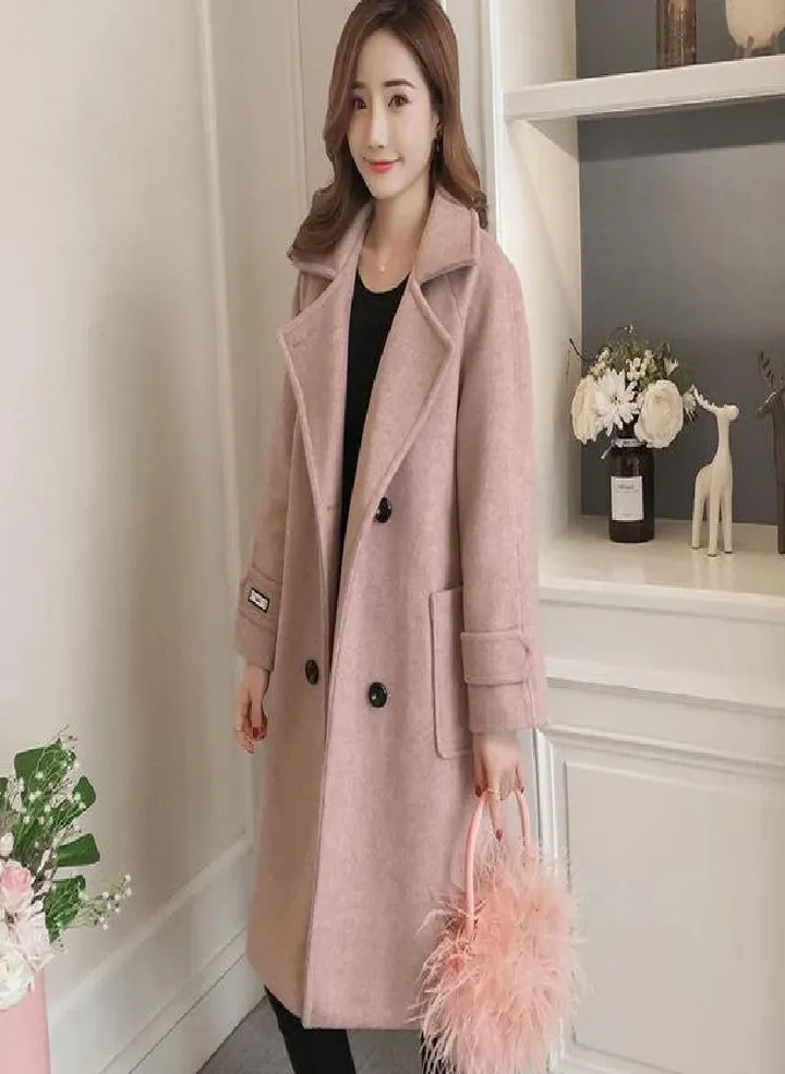 Women Korean Wool Coat Ladies Solid Casual Coats Single Breasted Turn-down Collar Jakects