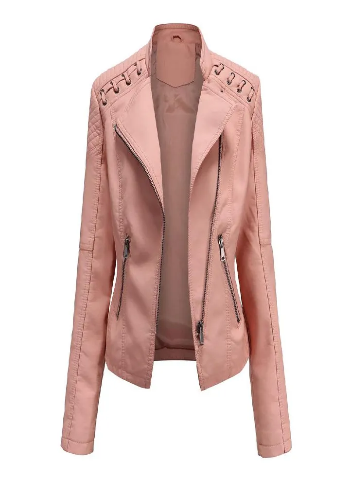 Women's Autumn and Winter Faux Leather Jacket Women's Short Jacket Lapel Slim Thin Leather Coat Women's Motorcycle Suit