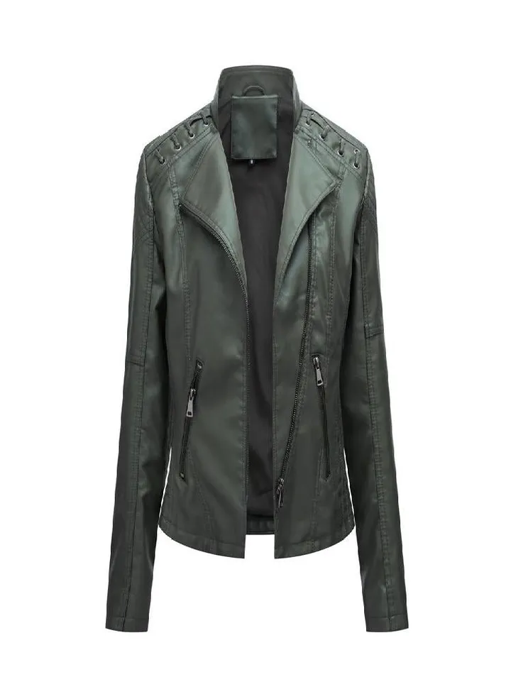 Women's Autumn and Winter Faux Leather Jacket Women's Short Jacket Lapel Slim Thin Leather Coat Women's Motorcycle Suit