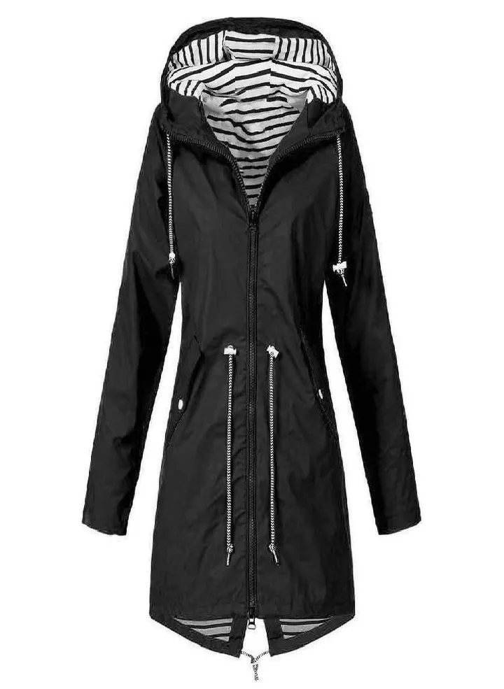 Women Solid Rain Jacket Outdoor Plus Size Waterproof Hooded Windproof Loose Coat