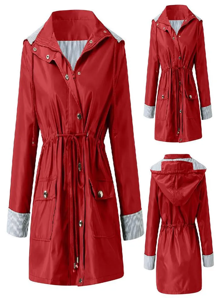 Women Solid Rain Jacket Outdoor Plus Size Waterproof Hooded Windproof Loose Coat