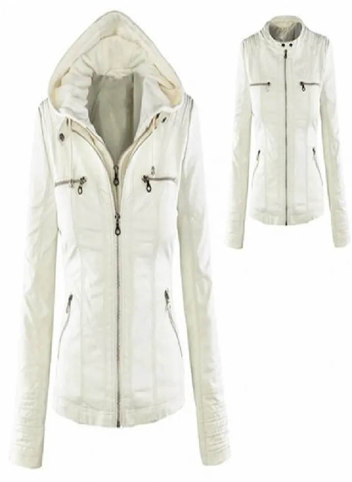 Lady Faux Leather Long Sleeve Solid Color Zipper Removable Hooded Jacket Outwear