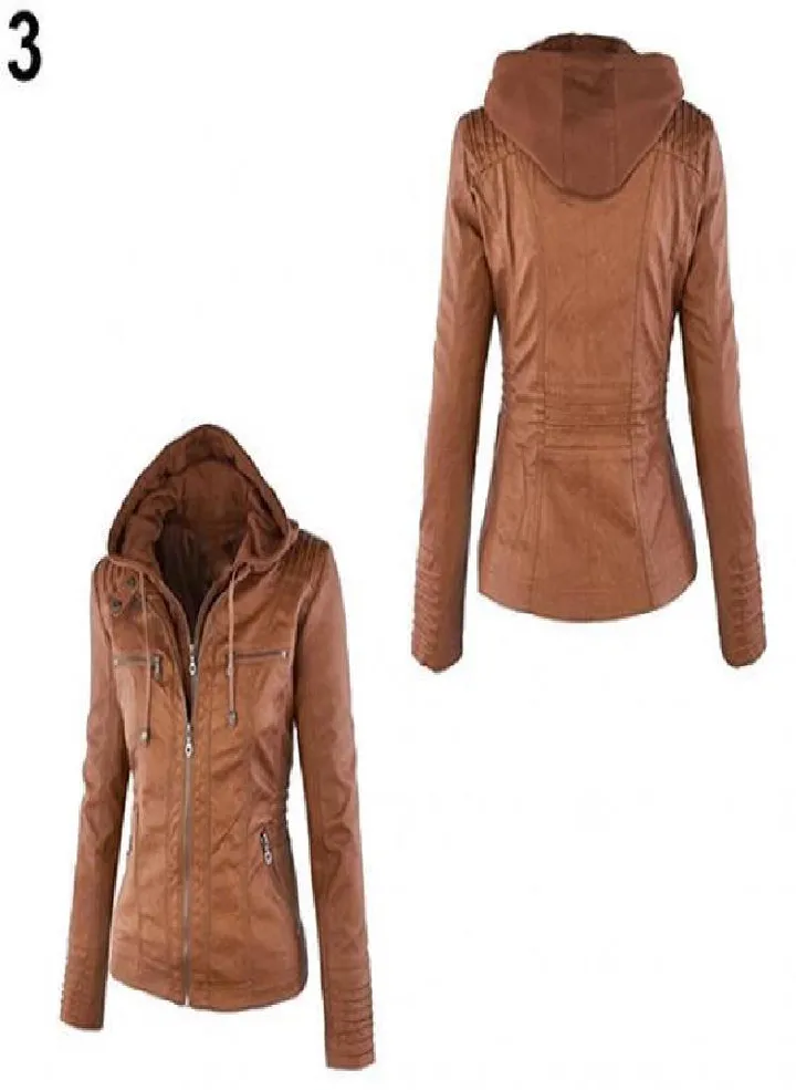 Lady Faux Leather Long Sleeve Solid Color Zipper Removable Hooded Jacket Outwear