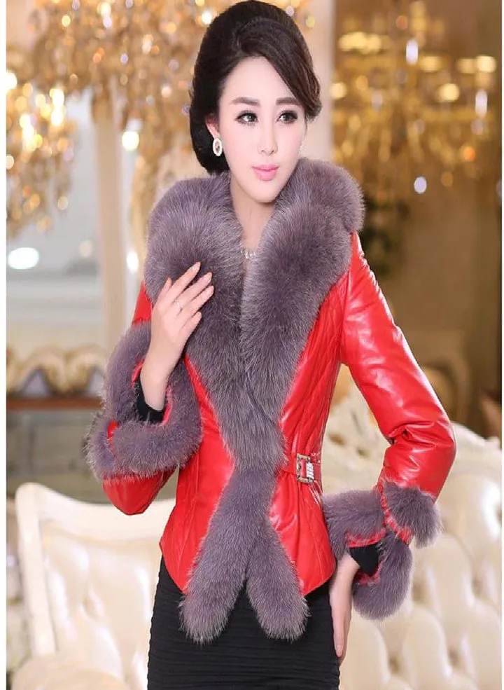 SCIONE Faux Fox Fur Collar Leather Slim PU Leather Women Plus Cotton Jacket Fashion Short Leather