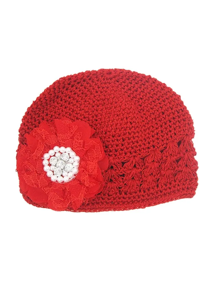 Flower Design Crochet Cap Red